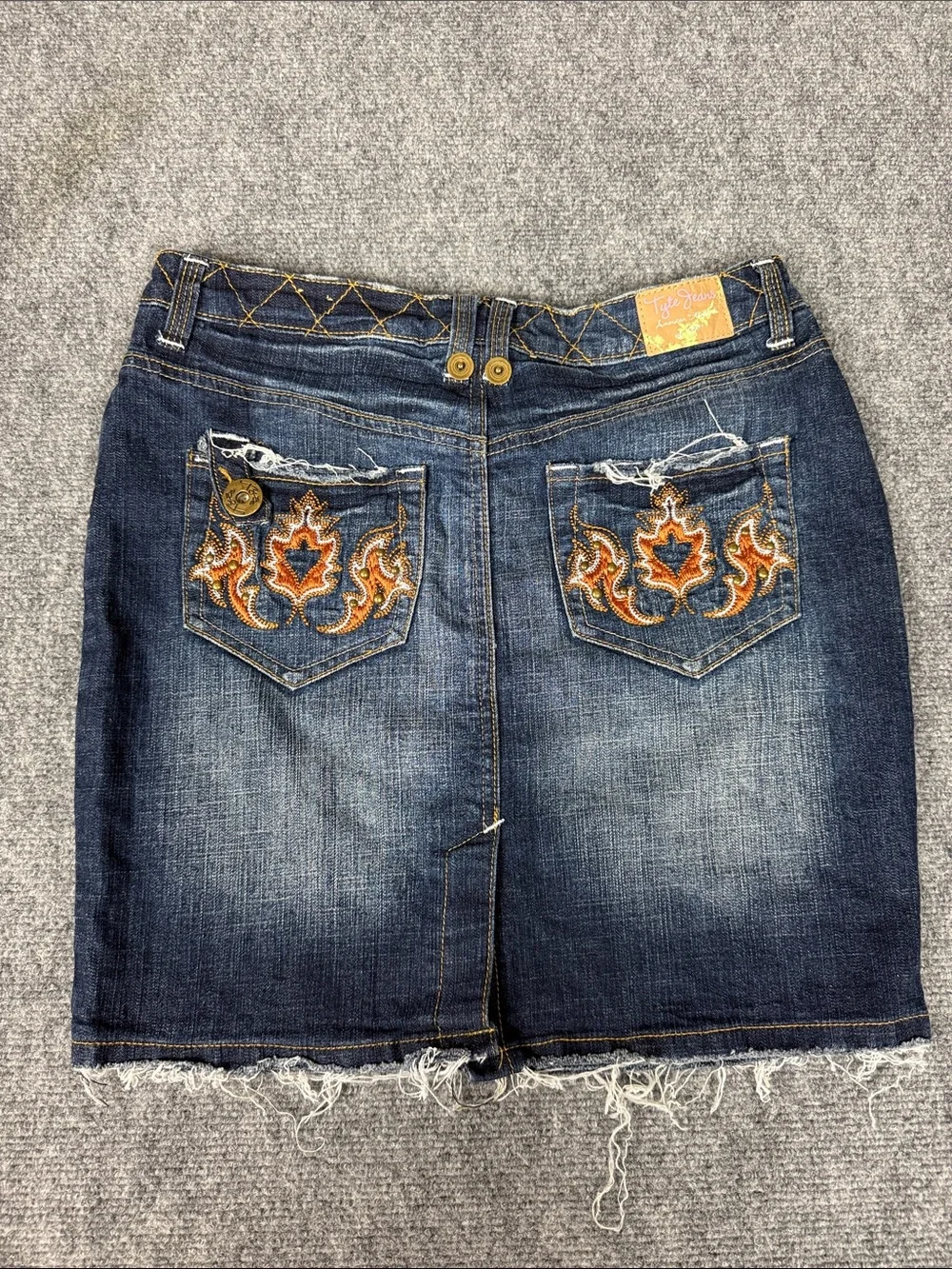 Tyte Jeans Dark Blue Washed Denim Mini Skirt with Frayed Hem